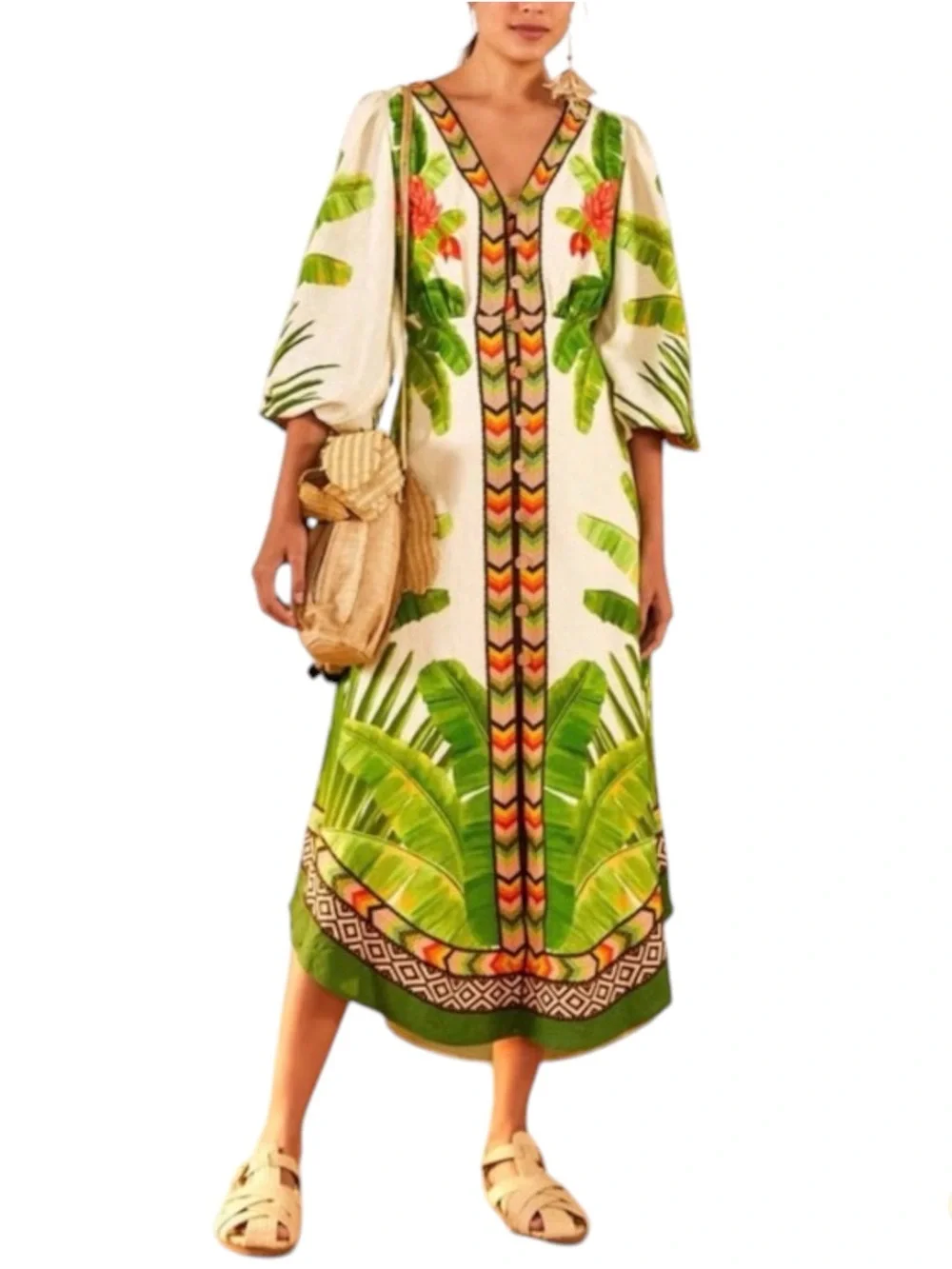 NWT FARM Rio Fresh Forest Tropical Floral Balloon Sleeve Linen Dress Size S - Picture 3 of 13